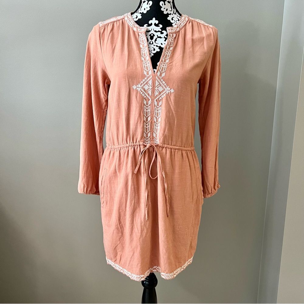 GAP Long Sleeve Embroidered Dress Pockets Cinch Waist Peach Orange Size XSmall